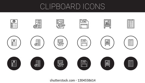 clipboard icons set. Collection of clipboard with task, planning, diskette, board. Editable and scalable clipboard icons.