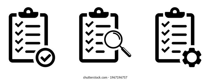 Clipboard icons set,  isolated on white background. Checklist with check marks, gears and magnifying glass. Quality control line sign. Form icon. Clipboard with technical support checklist.  Vector 