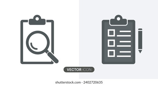 Clipboard icons set, magnifier and pencil.Checklist on the clipboard line icon with check marks,Clipboard outline icon vector illustration.