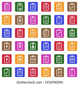 Clipboard Icons. White Flat Collection In Square. Vector Illustration.