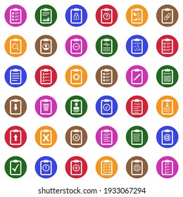 Clipboard Icons. White Flat Collection In Circle. Vector Illustration.