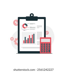 Clipboard with Income Statement and Calculator Vector Illustration. Financial Statement Concept Design