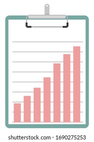 Clipboard with information in visual representation vector, infochart with growing tables. Paper document presentation of success and business achievement