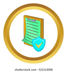 Clipboard with insurance form vector icon in golden circle, cartoon style isolated on white background