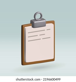 Clipboard isolated vector 3d icon. Clipboard with paper blank 3d illustration.