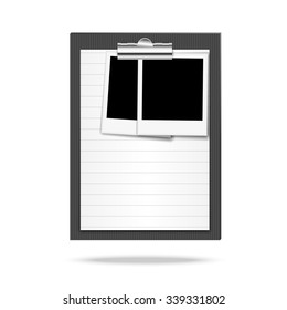 Clipboard, leaf of lined paper and photo. Vector illustration for posters, banners and templates