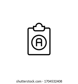 Clipboard with letter a vector icon in linear, outline icon isolated on white background