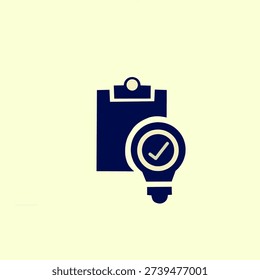 Clipboard and light bulb with check mark icon. Business idea and task management concept. Creative symbol of innovation, approval, productivity, planning, and quality control. Flat minimalist vector illustration isolated on light background.
