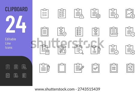 Clipboard Line Editable Icons set. Vector illustration in modern thin style of documents related icons: checklist, plan, questionnaire, and more. Isolated on transparent background.