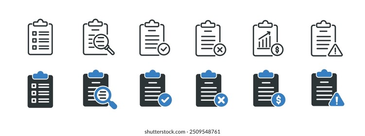 Coleção de ícones sólidos da linha da área de transferência e do glifo. Ilustração de vetor de série de símbolos e ícones mínimos