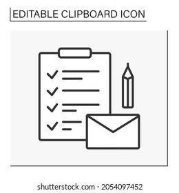  Clipboard line icon. Notification. Paper sheet. Letter with checklist and pencil. Business concept. Isolated vector illustration. Editable stroke