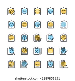 Clipboard line icons. Set of clipboard icons. Black, blue and yellow colors. Modern outline graphic design. Vector line icons set