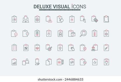 Clipboard line icons set. Checklist with ticks, paper sheet of document and data report, survey form on board and contract, office schedule thin black and red outline symbols, vector illustration