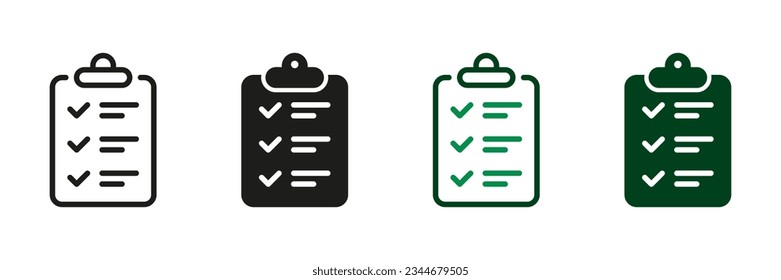 Clipboard Line and Silhouette Icon Set. Form, Checklist Black and Color Pictogram. Business Contract Symbol Collection. File with Check List Sign. Data Report. Isolated Vector Illustration.