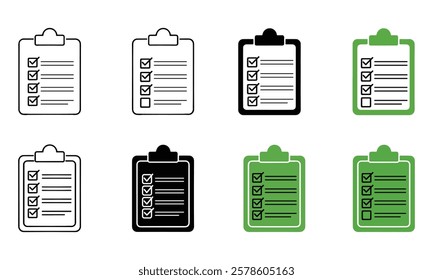 Clipboard Line and Silhouette Icon Set. Form, Checklist Black and Color Pictogram. Business Contract Symbol Collection. File with Check List Sign. Data Report. Isolated Vector Illustration.
Vector For