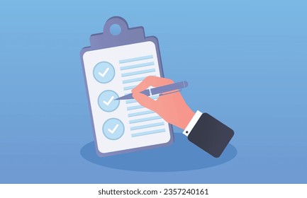 Clipboard with a list of completed tasks, pencils and checkmarks.on blue background.Vector Design Illustration.
