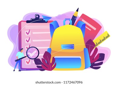 Clipboard with list to do, big school backpack, ruler and student with magnifier. Back to school checklist, list of stationery, school planner concept, violet palette. Vector isolated illustration.