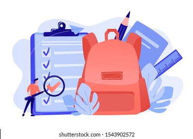 Clipboard with list to do, big school backpack, ruler and student with magnifier. Back to school checklist, list of stationery, school planner concept. Pink coral blue vector isolated illustration.