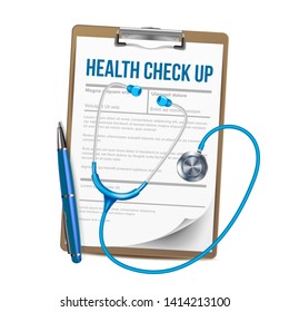 Clipboard With List Of Health Check Up Vector. Paper With Medical Report On Talbot Clipboard, Pen And Stethoscope Instrument Element Of Doctor. Healthcare Concept Realistic 3d Illustration