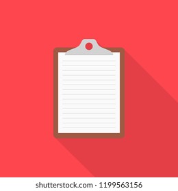 Clipboard, list icon with long shadow on red background, flat design style