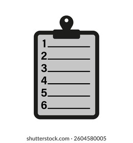 Clipboard list icon. Numbered item display. Black and gray design. Vector flat illustration.