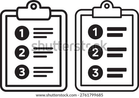 Clipboard list icons. Numbered list check notes task planning organized.