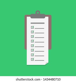 clipboard with long to do list white paper isolated on green background. vector illustration