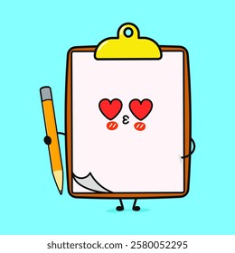 Clipboard in Love Cute Cartoon Clipboard Character with Heart Eyes and Pencil