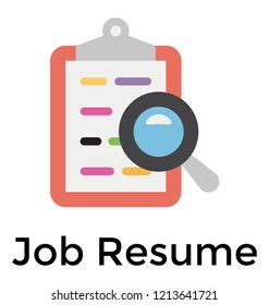 Clipboard with magnifier conceptualizing job resume 