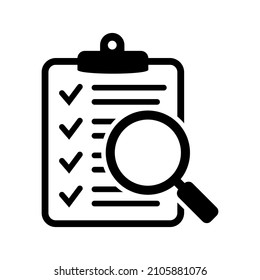 Clipboard with magnifier loupe icon, business concept. Analysis, analyzing icon. File search icon, document search, vector isolated.