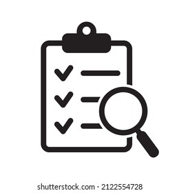 Clipboard with magnifier loupe icon, business concept. Analysis, analyzing icon. File search icon, document search, vector isolated.