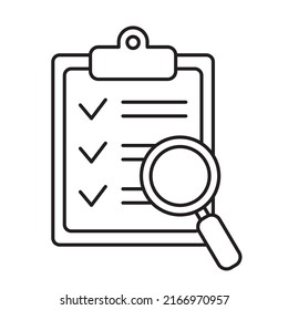 Clipboard with magnifier loupe icon, business concept. Analysis, analyzing icon. File search icon, document search, vector isolated.