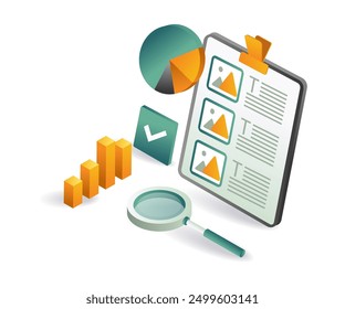 A clipboard with a magnifying glass and a chart, perfect for analyzing data and conducting research