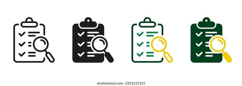 Clipboard with Magnifying Glass Line and Silhouette Icon Set. Study and Research Symbol Collection. Clip Board and Check List Pictogram. Checklist and Application Form. Isolated Vector Illustration.