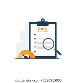 Clipboard with Magnifying Glass and Scale Vector Illustration. Risk Assessment Concept Design