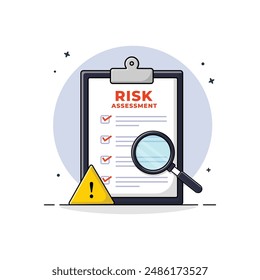 Clipboard with Magnifying Glass and Warning Sign Vector Illustration. Risk Assessment Concept Design