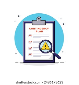 Clipboard with Magnifying Glass and Warning Sign Vector Illustration. Contingency Plan Concept Design