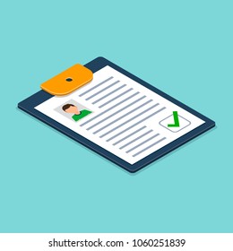 Clipboard with man silhouette Isometric illustration. Approved Checklist Job application form with profile photo. Modern flat design. Vector.