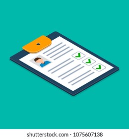 Clipboard with man silhouette isometric illustration. Approved Checklist Job application form flat design. Vector.