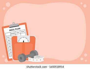 Clipboard with meal plan schedule, weight scale, dumbbell and measuring tape on orange background with copy space. Wallpaper for healthcare, healthy diet and nutrition concept. Vector illustration. svg