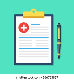 Clipboard with medical cross and pen. Clinical record, prescription, claim, medical report, health insurance concepts. Premium quality. Modern flat design graphic elements. Vector illustration.