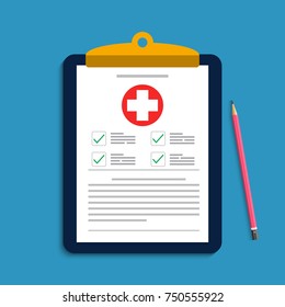 Clipboard with medical cross and pen. Clinical record, prescription, claim, medical check marks report, health insurance concepts. Premium quality. Modern flat design graphic elements. 