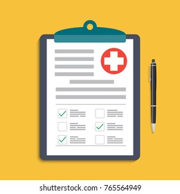 Clipboard With Medical Cross And Pen. Clinical Record, Prescription, Claim, Medical Check Marks Report, Health Insurance Concepts. Premium Quality. Modern Flat Design Graphic Elements.