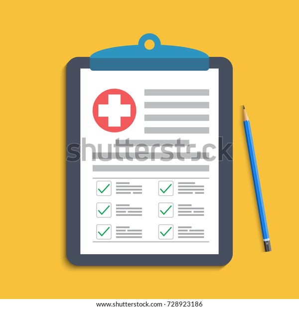 Clipboard\
with medical cross and pen. Clinical record, prescription, claim,\
medical check marks report, health insurance concepts. Premium\
quality. Modern flat design graphic\
elements.