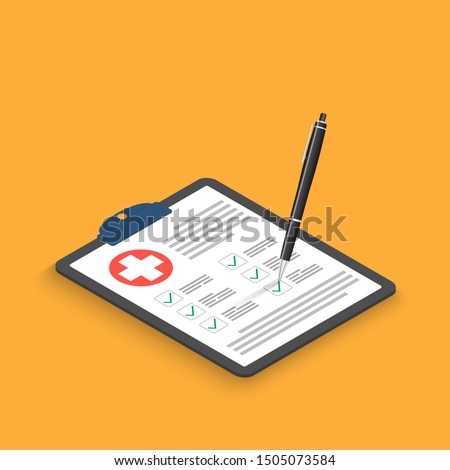 Clipboard with medical cross and pen isometric. Clinical record, prescription, claim, medical check marks report, health insurance concepts. Premium quality. Modern flat design graphic elements.