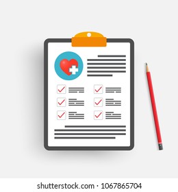 Clipboard with medical cross and pencil. Clinical record, prescription, claim, medical check marks report, health insurance concepts. Premium quality. Modern flat design graphic elements.