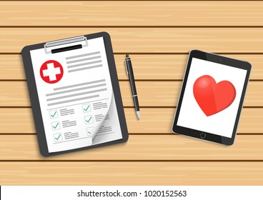 Clipboard with medical cross and tablet on table. Clinical record, prescription, claim, medical check marks report, health insurance concepts. illustrator Vector.