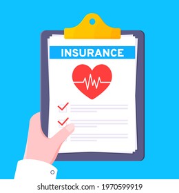 Clipboard with medical insurance claim form on it, paper sheets, doctor hand flat style design vector illustration. Concept of fill out or online survey healthcare insurance application form.