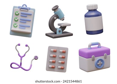 Clipboard, microscope, medicine bottle, stethoscope, blister with capsules, first aid kit