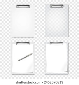 Clipboard mockup. Clear and opaque plastic. PVC clip board. Empty, with blank white paper sheets and ballpoint pen. Realistic vector mock-up set